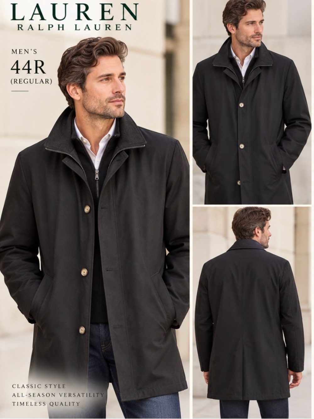 Lauren Ralph Lauren Men’s Black Coat Jacket 44R Removable Warmer Wool Blend